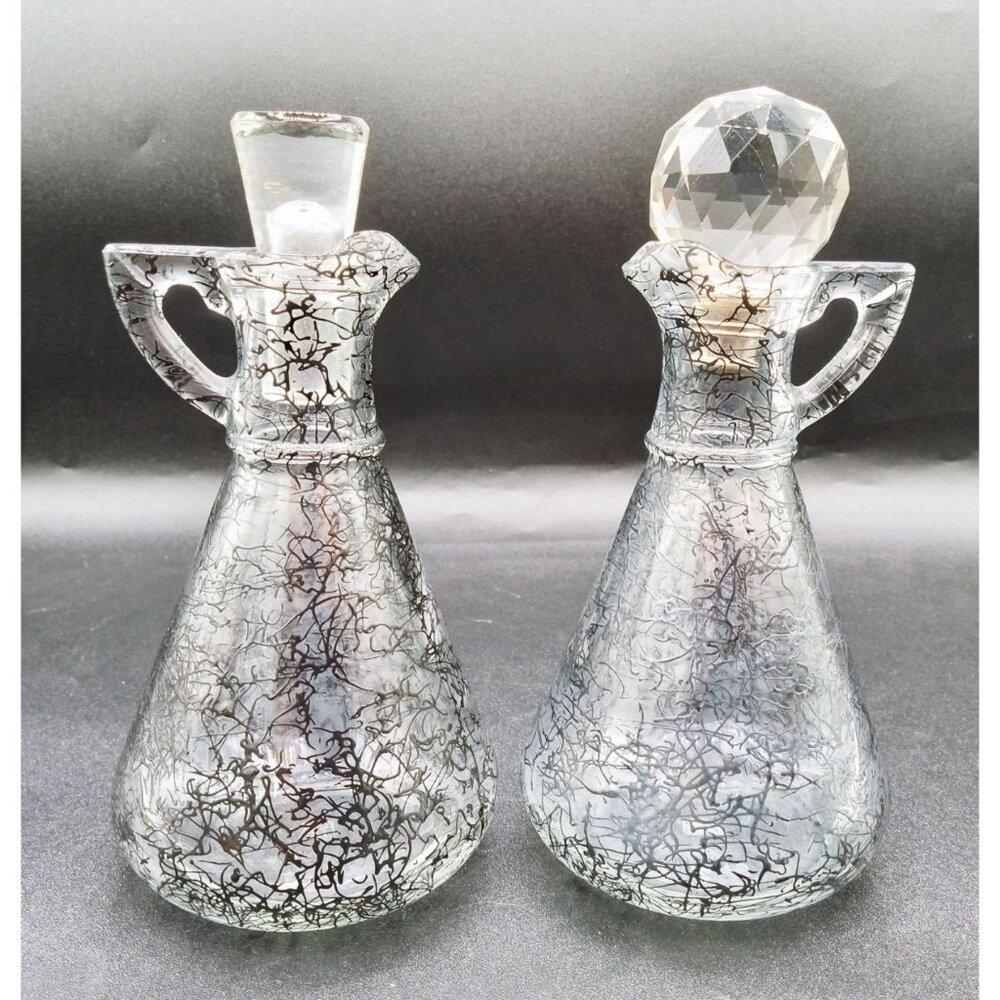 Hazel Atlas Crackle Glass Oil Vinegar Cruet & Stopper Set 2 Vintage Midcentury